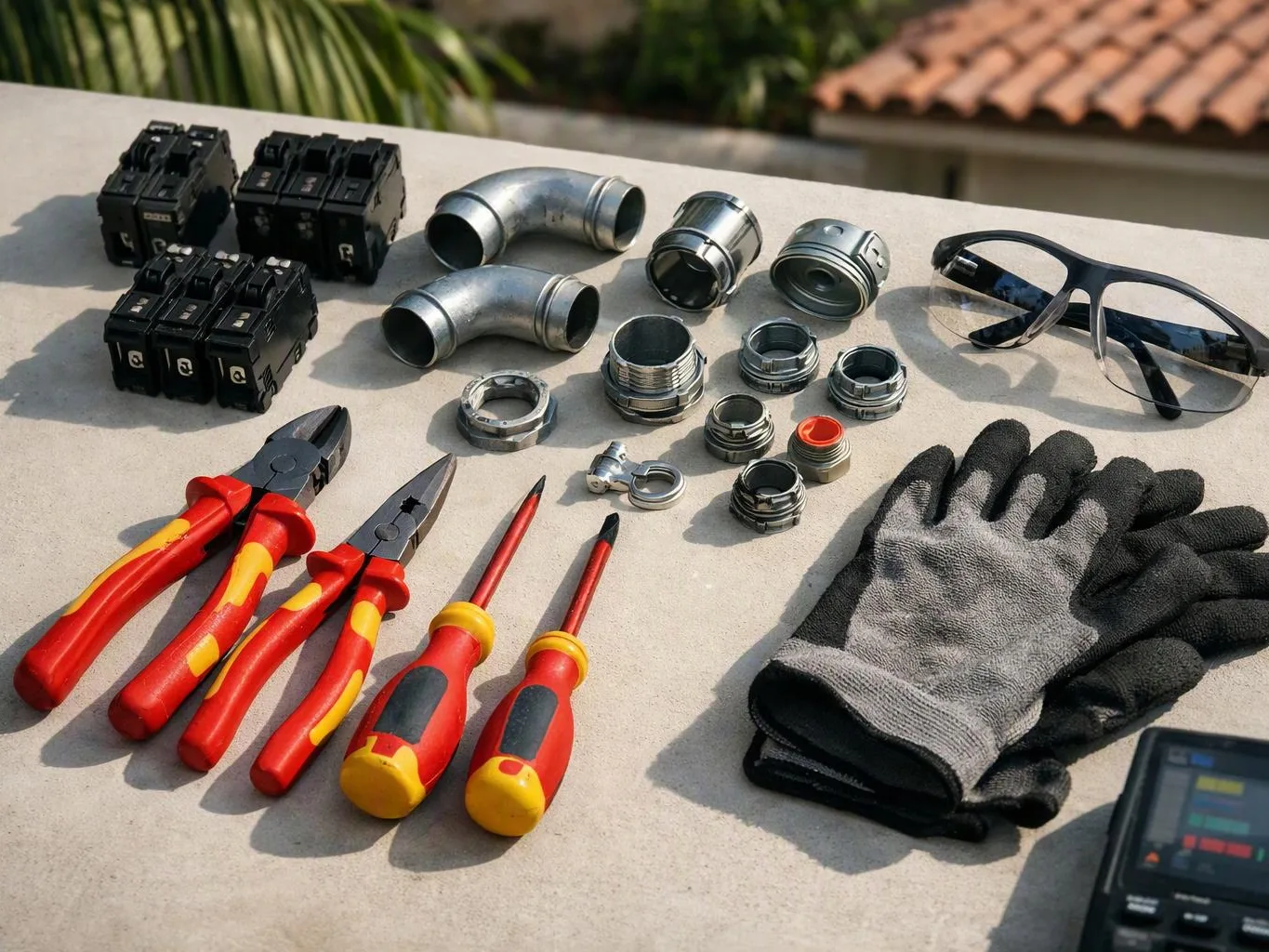 Assorted electrical tools, connectors, gloves, and safety glasses are laid out on a sunlit tabletop outdoors
