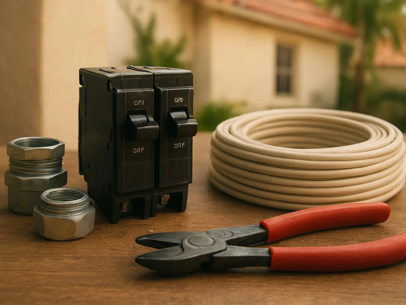 An assortment of electrical parts, a coiled cable, connectors, and red-handled cutters rests on a wooden table outdoors