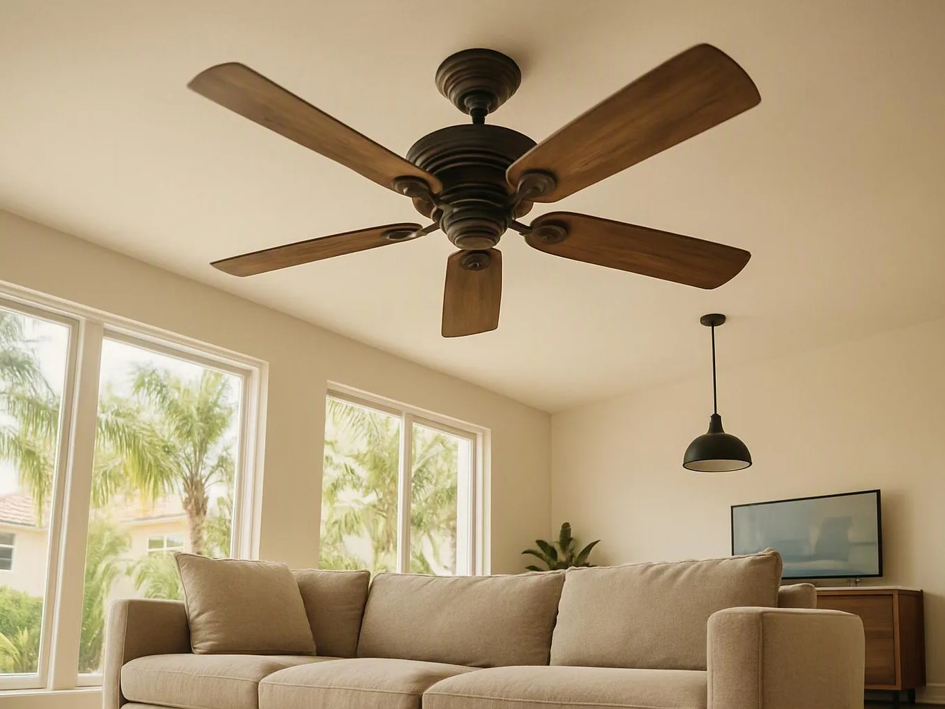 A beige living room features a large ceiling fan, a sofa, windows, a hanging lamp, and a TV on a cabinet