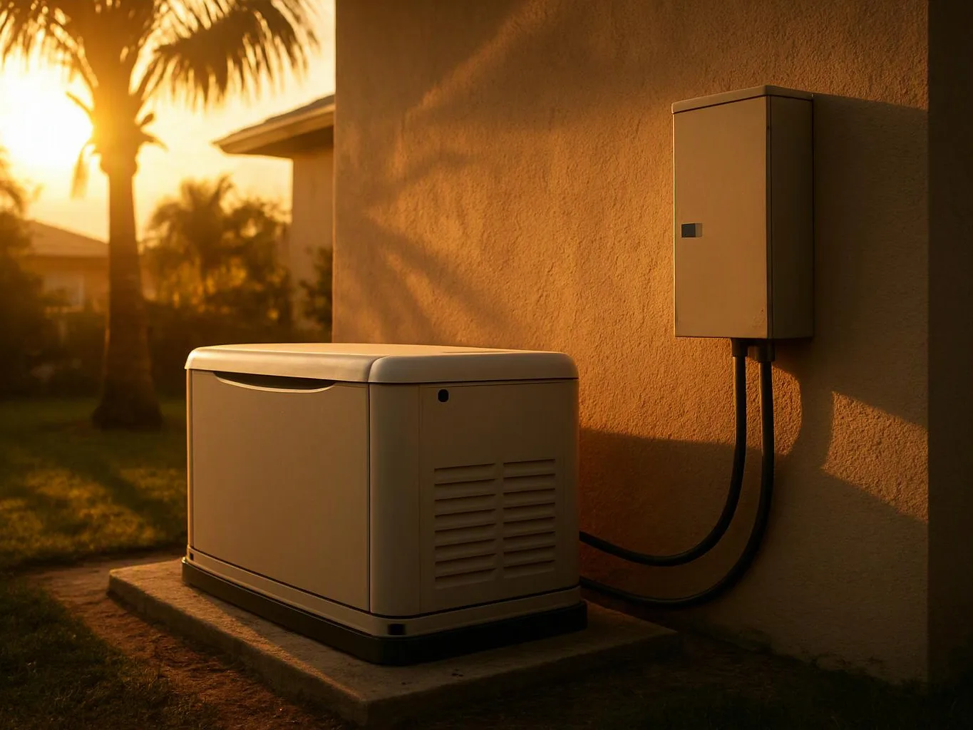 A beige outdoor generator sits beside a house wall