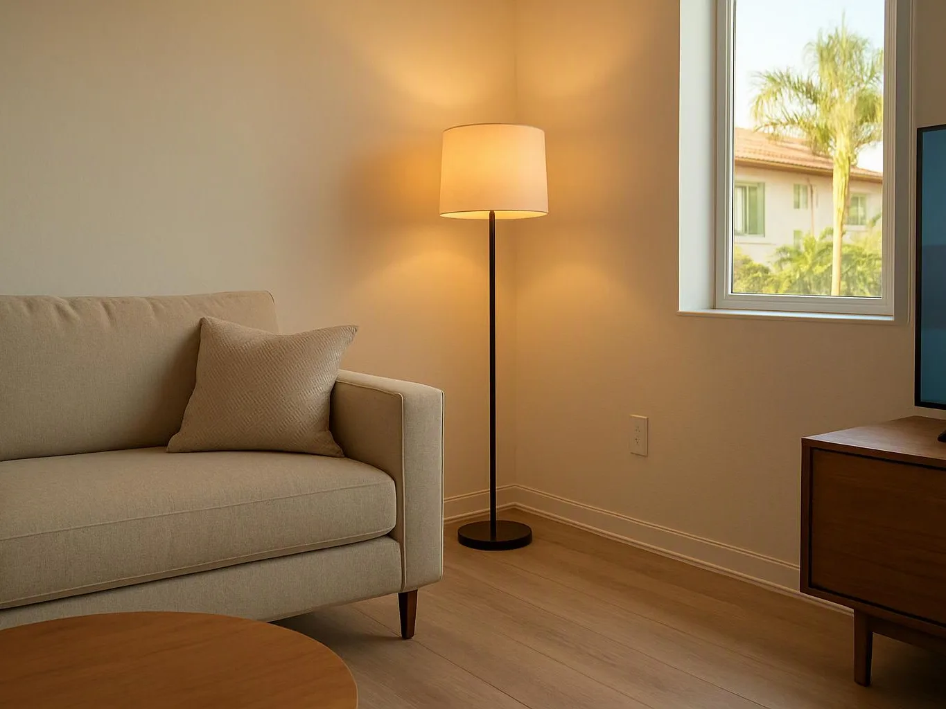 A beige sofa with a cushion sits beside a lit floor lamp in a bright living room