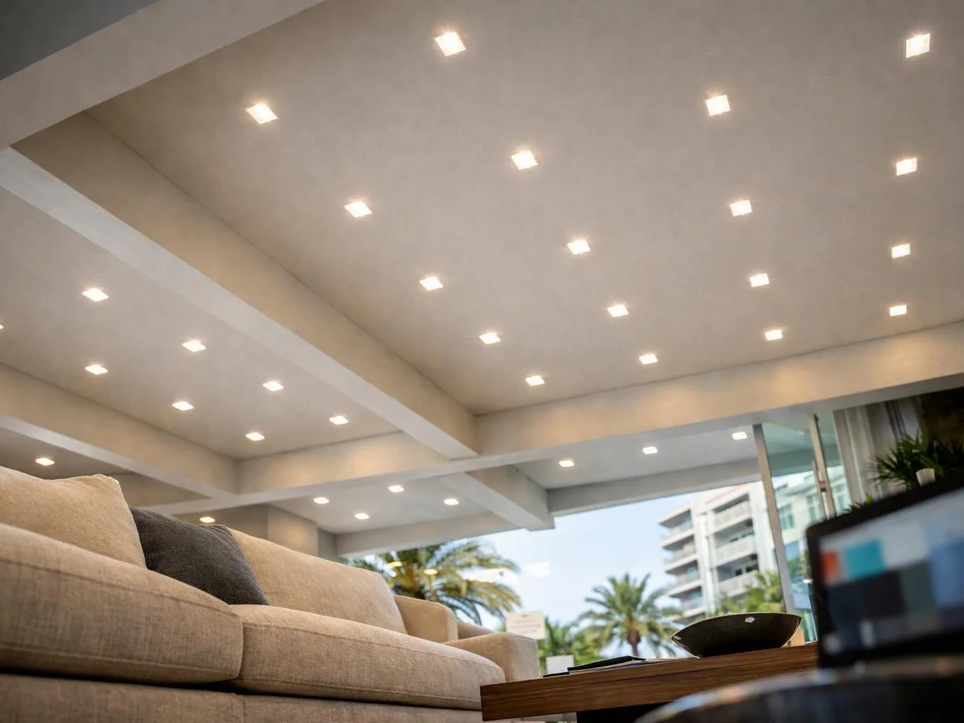 A beige sofa sits under a bright ceiling in an open lounge with palm trees outside