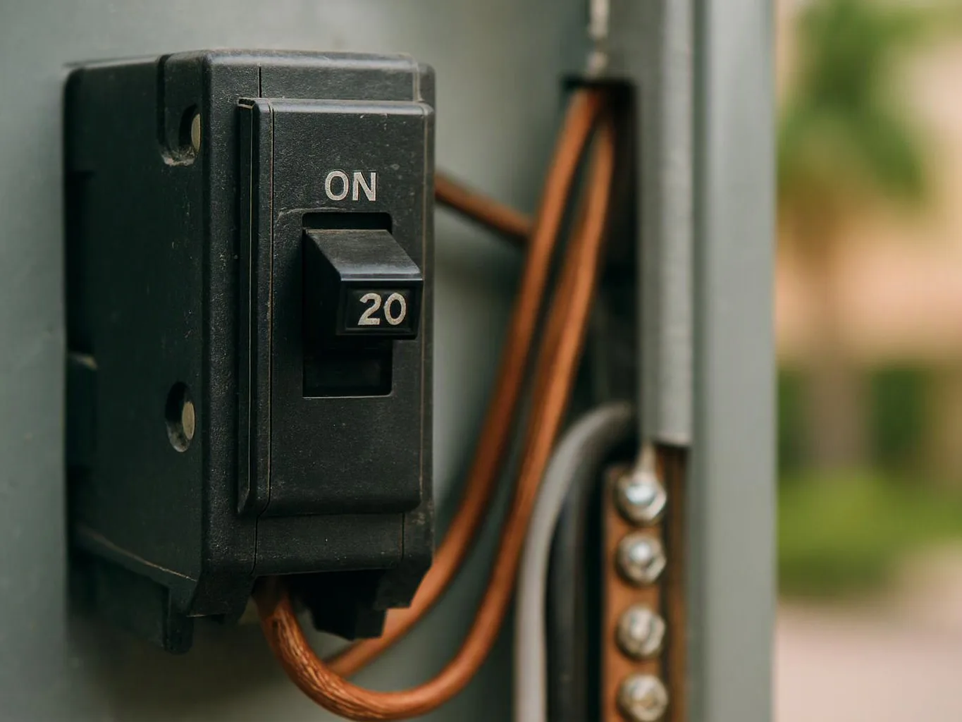 A black circuit breaker marked on and 20 sits inside an electrical panel with copper wires attached