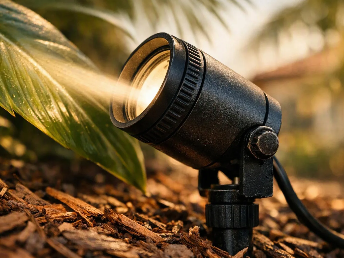 A black garden spotlight shines a warm beam across a large green leaf and mulch in soft focus