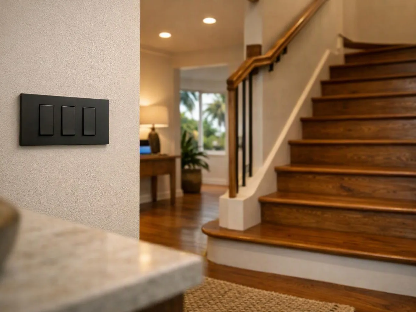 A black three-switch panel sits on a wall beside a wooden staircase in a bright home interior
