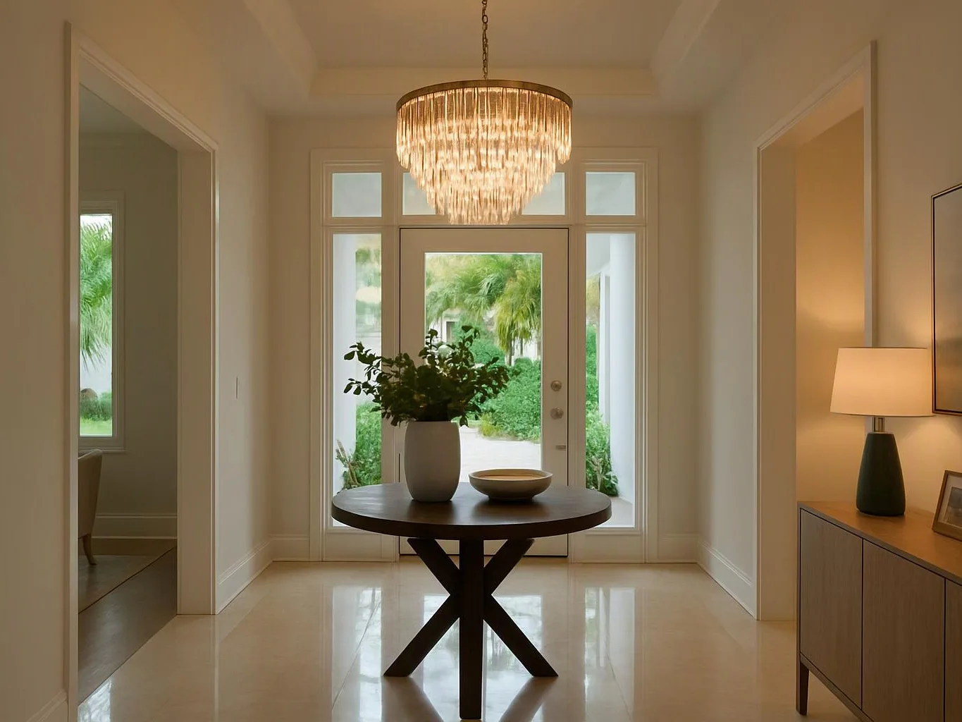 A bright hallway shows a chandelier, round table with vase and bowl, and glass doors to greenery