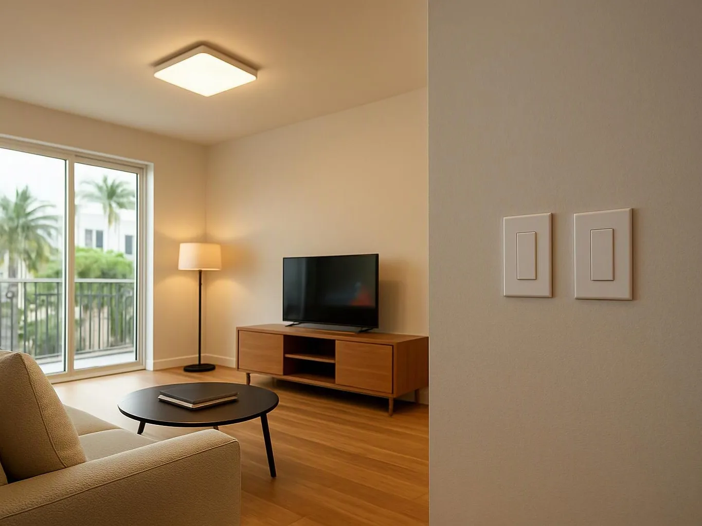 A bright living room with a balcony view, sofa, coffee table, floor lamp, TV console, and wall switches