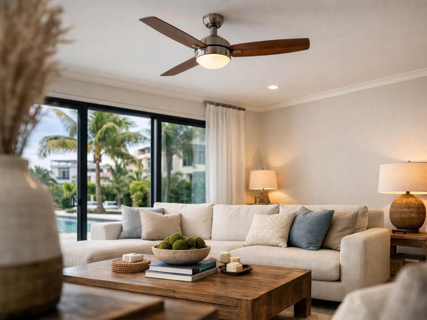 Bright living room with a beige sofa, wooden coffee table, ceiling fan, and poolside view through large sliding doors