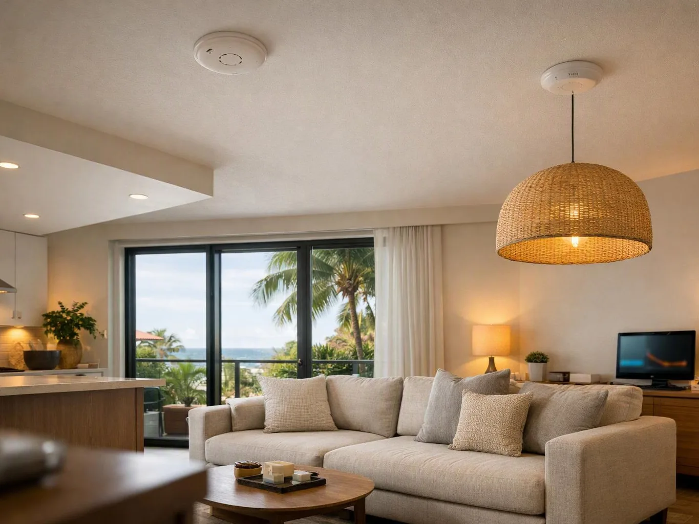 A bright living room with a beige sofa, woven pendant light, and ocean view through sliding glass doors