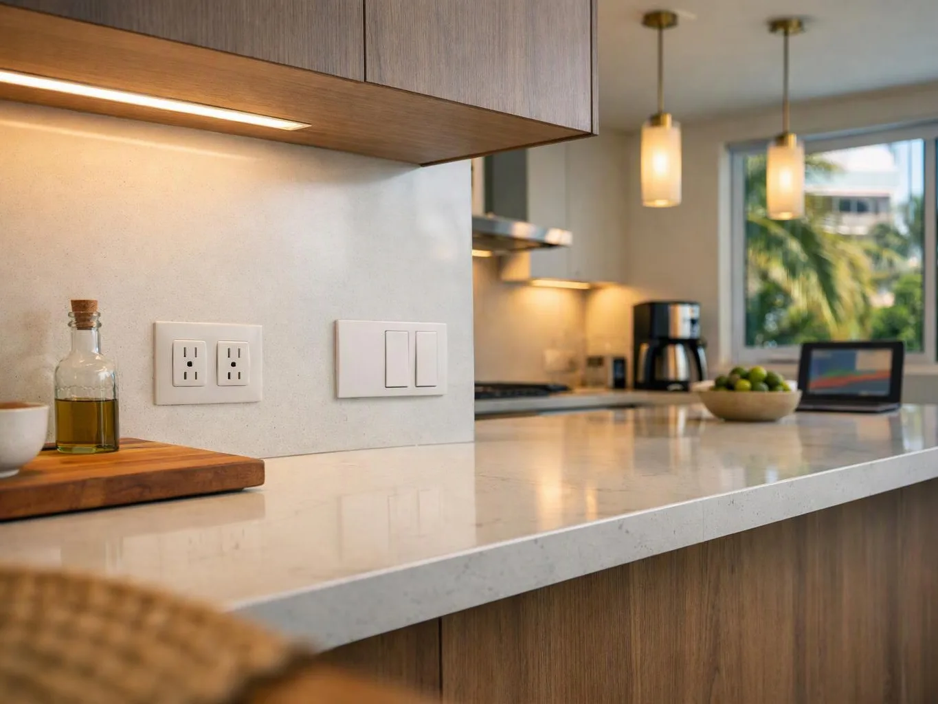 Bright modern kitchen with a white island, pendant lights, coffee maker, fruit bowl, and window view of palm trees