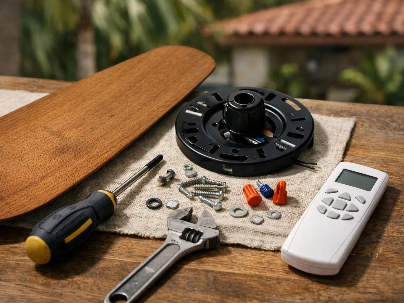 A ceiling fan kit with wood blade, motor housing, screws, tools, and remote sits on a table outdoors