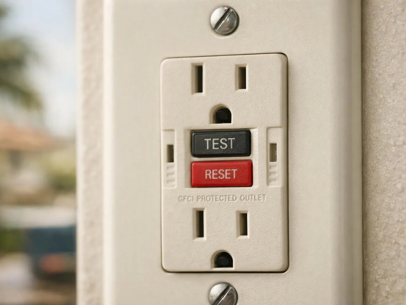 Close-up of a beige GFCI wall outlet with TEST and RESET buttons indoors