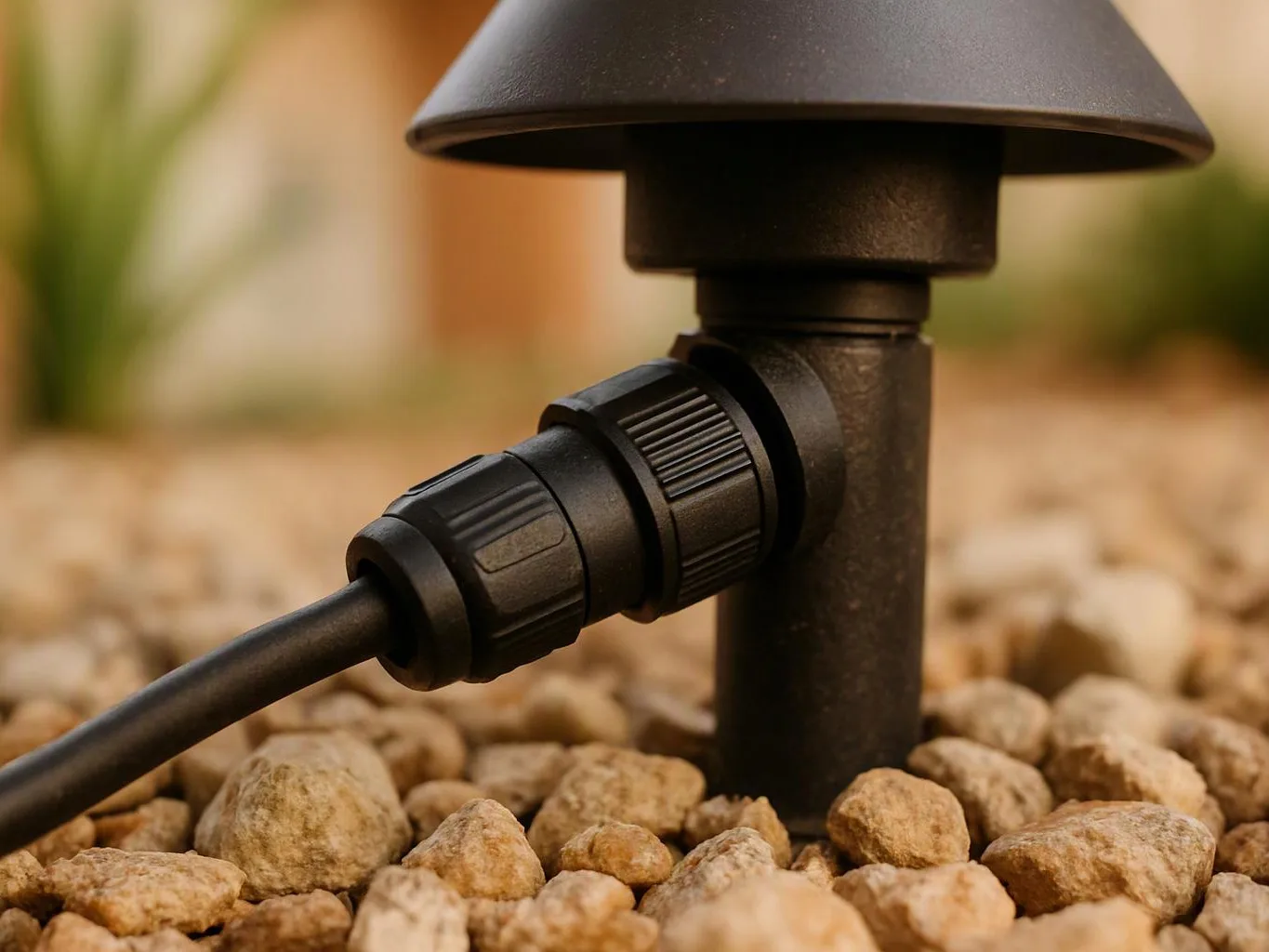 Close-up of a black outdoor light fixture and cable set among tan rocks