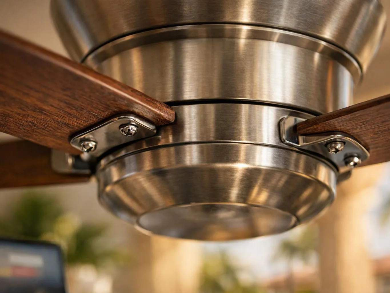 Close-up of a brushed metal ceiling fan with wooden blades against a softly blurred room background