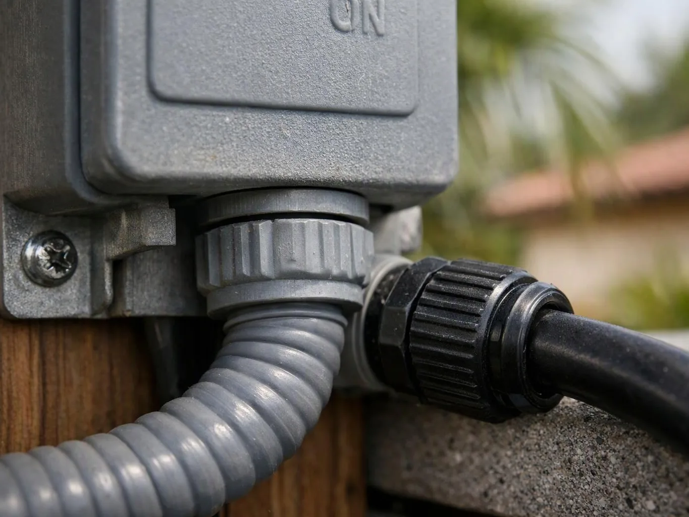 Close-up of an electrical box with gray and black cables connected outdoors