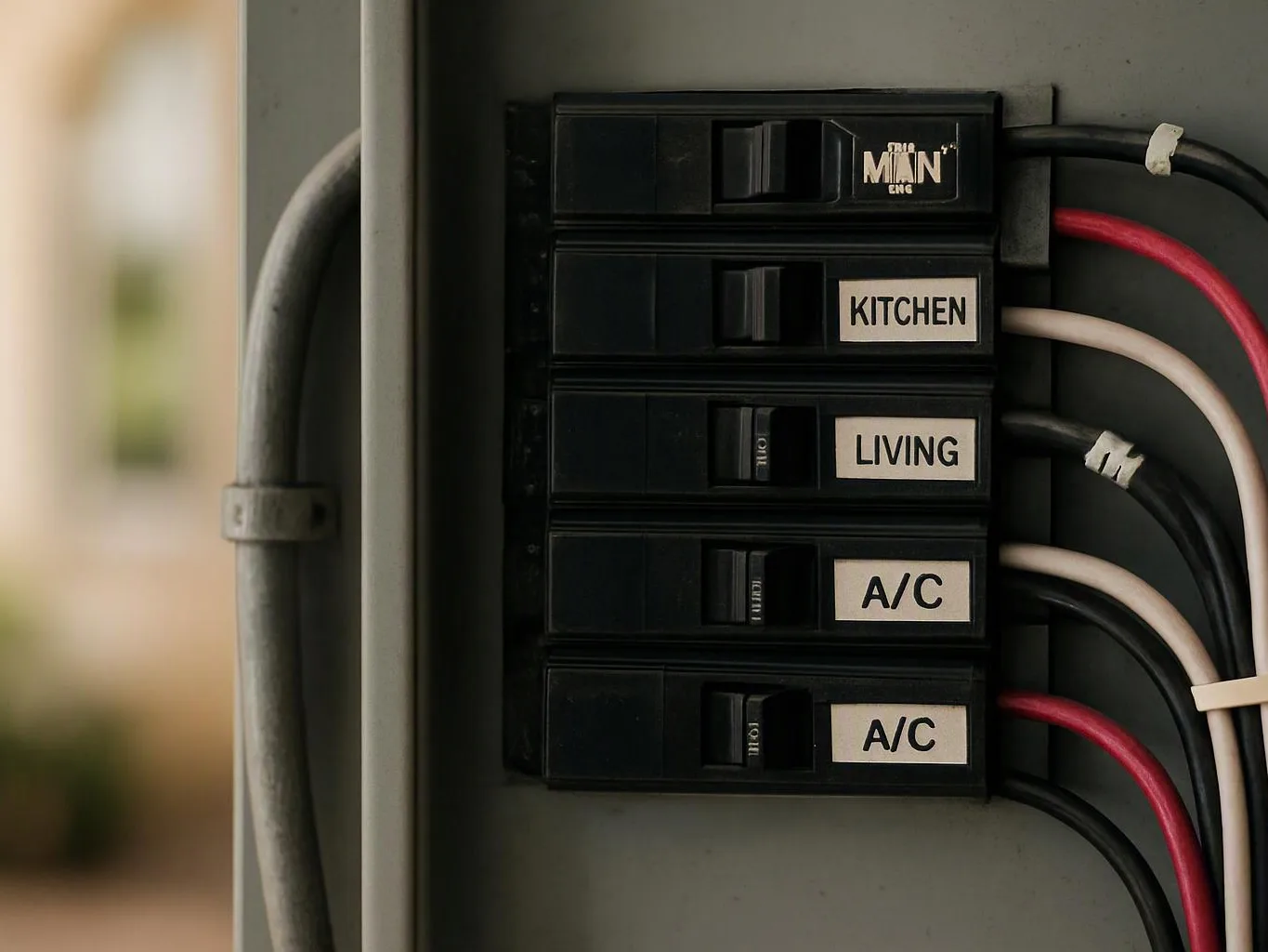 Close-up of an electrical panel with labeled circuit breakers and bundled wires inside a gray box