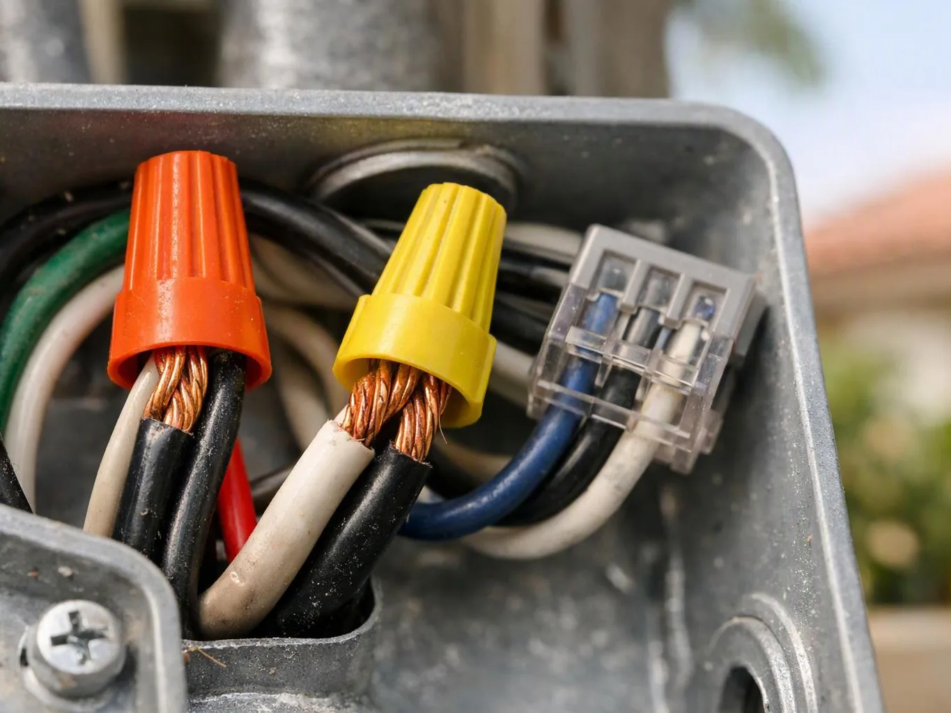 Close-up of electrical wires joined by orange and yellow wire nuts inside a metal junction box