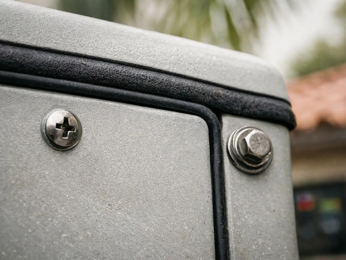Close-up of a gray metal panel with screws and a black rubber seal, outdoors