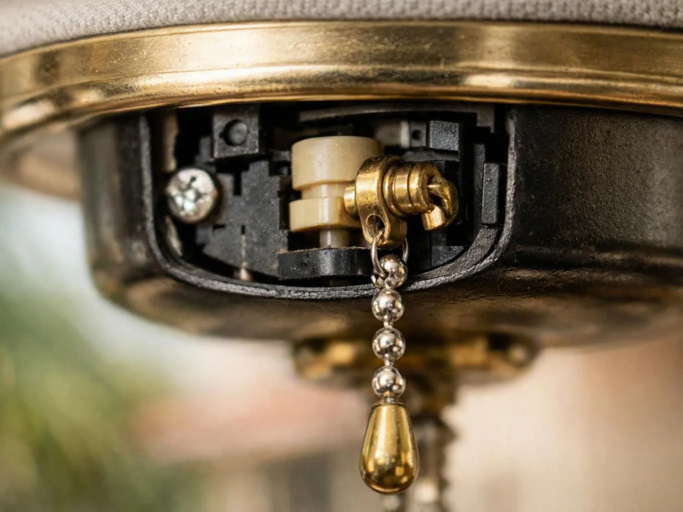 A close-up shows a brass ceiling fan pull chain hanging beneath the fan housing