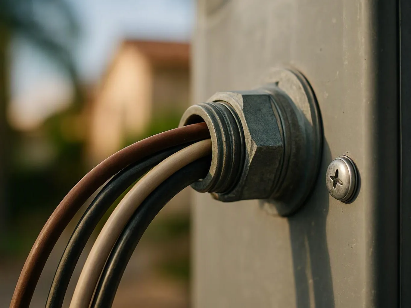 Close-up of three electrical cables passing through a metal conduit on a gray panel outdoors