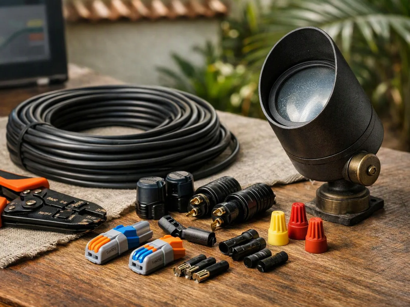 A coiled black cable, wire connectors, and crimping tools sit beside a mounted spotlight on a wooden table