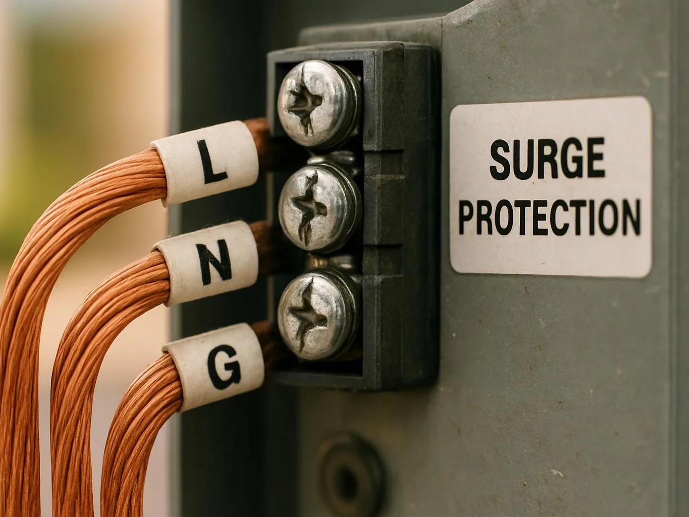 Copper wires labeled L, N, and G connect to a surge protection terminal block on a gray panel