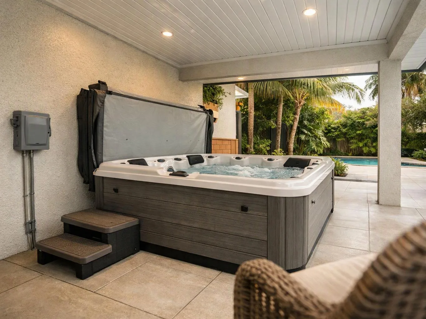 A covered patio holds a bubbling hot tub beside steps, with a pool and palm trees beyond