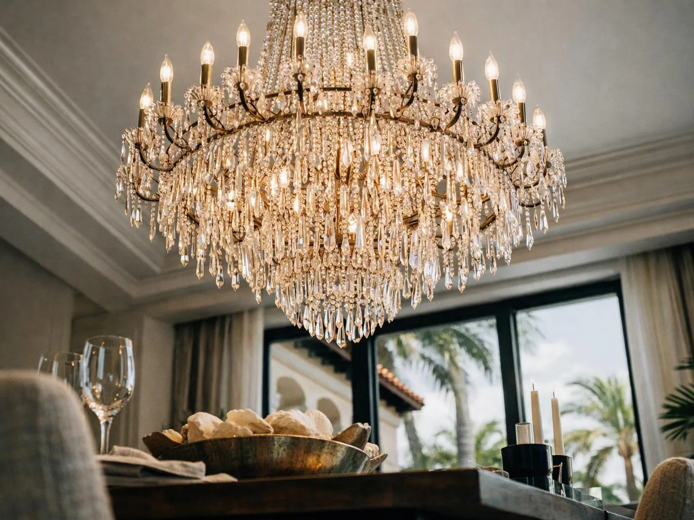 A crystal chandelier hangs above a dining table set with bread, candles, and wine glasses near tall windows