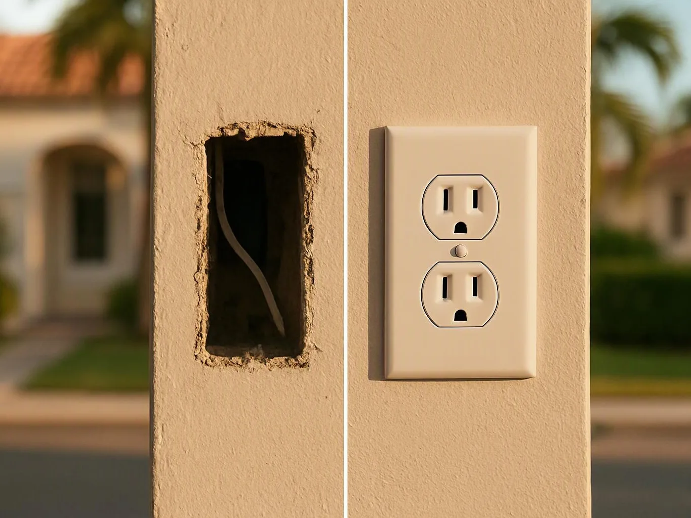 A damaged wall opening sits beside a new double electrical outlet on a stucco pillar outdoors