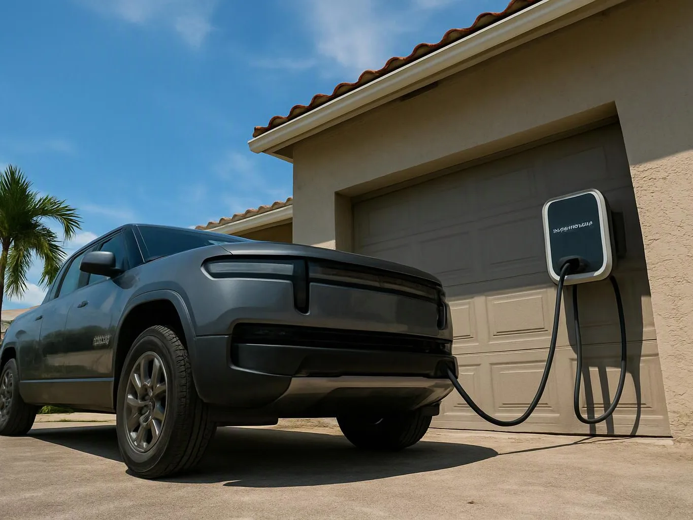 A dark pickup truck is plugged into a wall charger beside a beige garage under a blue sky