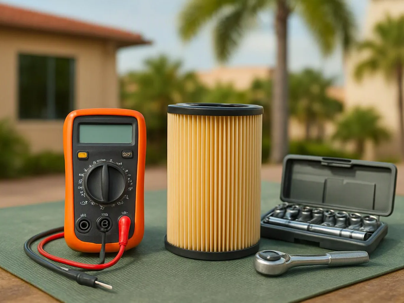 A digital multimeter, a pleated filter, a socket set, and a ratchet sit on a green mat outdoors