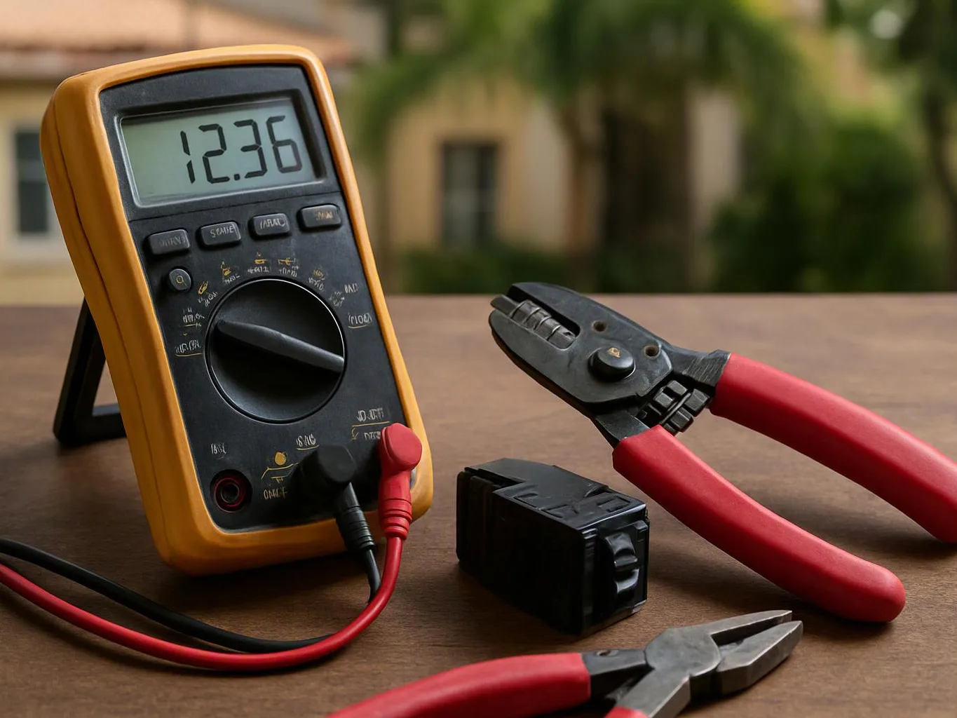 A digital multimeter, wire stripper, battery pack, and pliers sit on a wooden table outdoors
