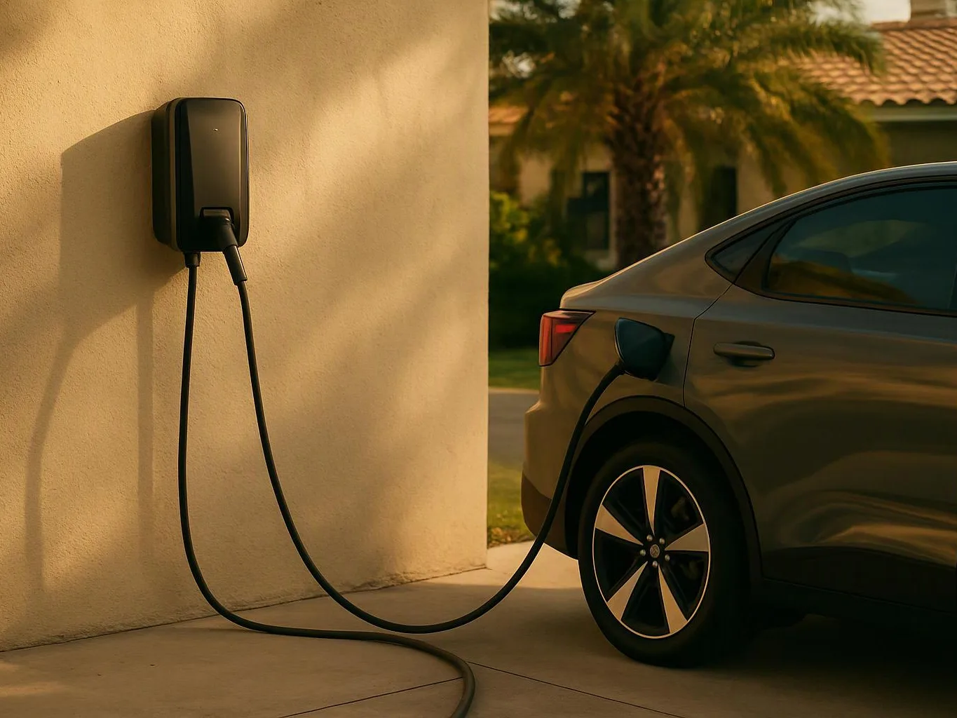 An electric car charges beside a wall-mounted charger on a sunlit driveway