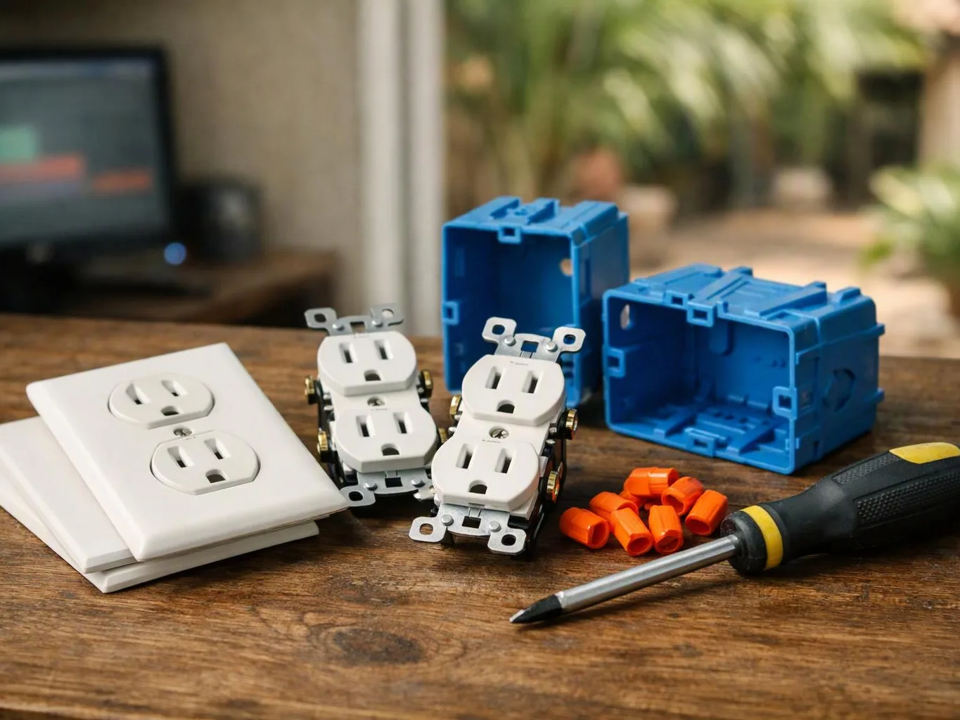 Electrical outlets, blue wall boxes, orange wire nuts, and a screwdriver sit on a wooden workbench