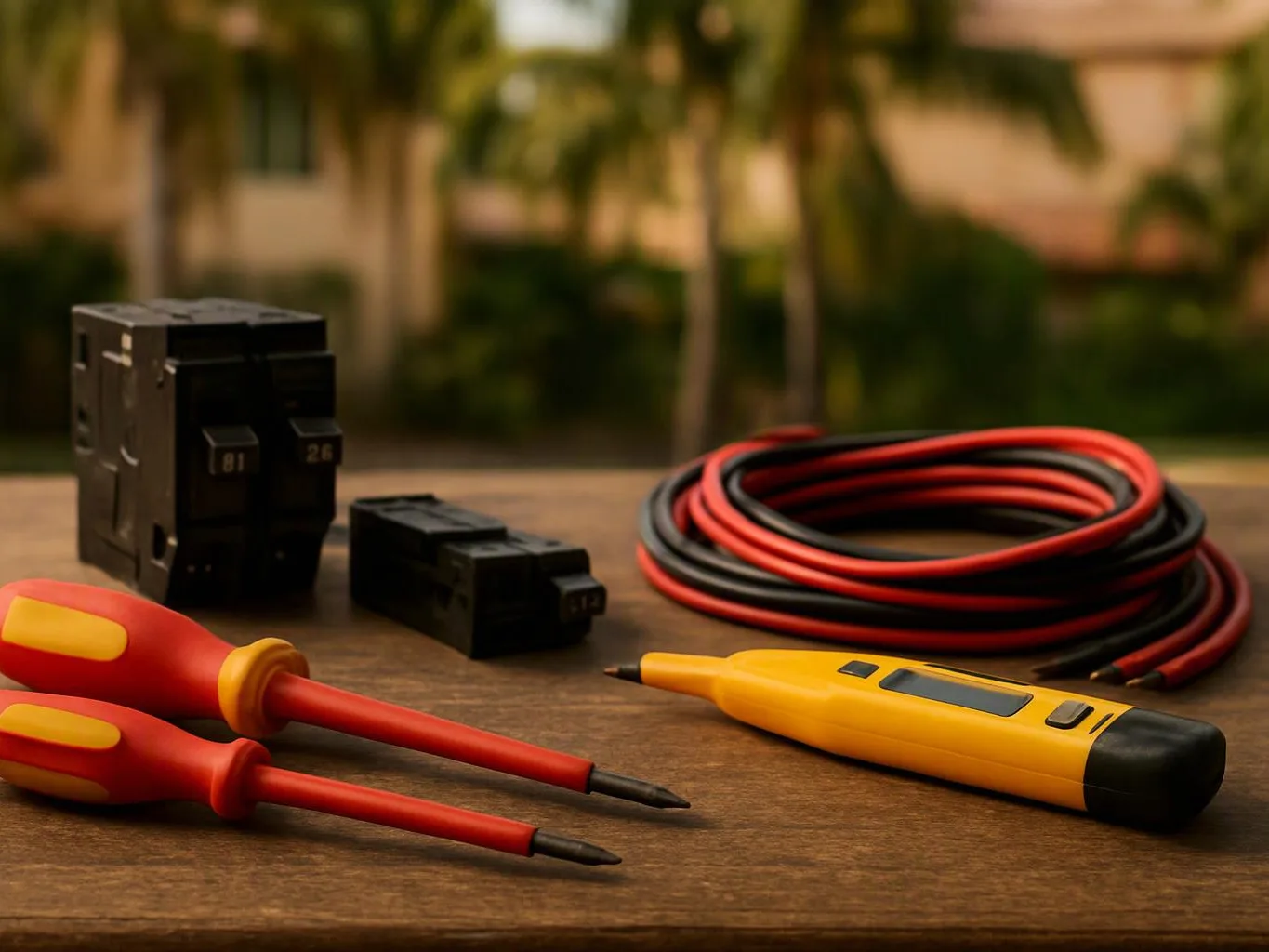 Electrical testing tools and circuit breakers lie on a wooden table with coiled wires outdoors
