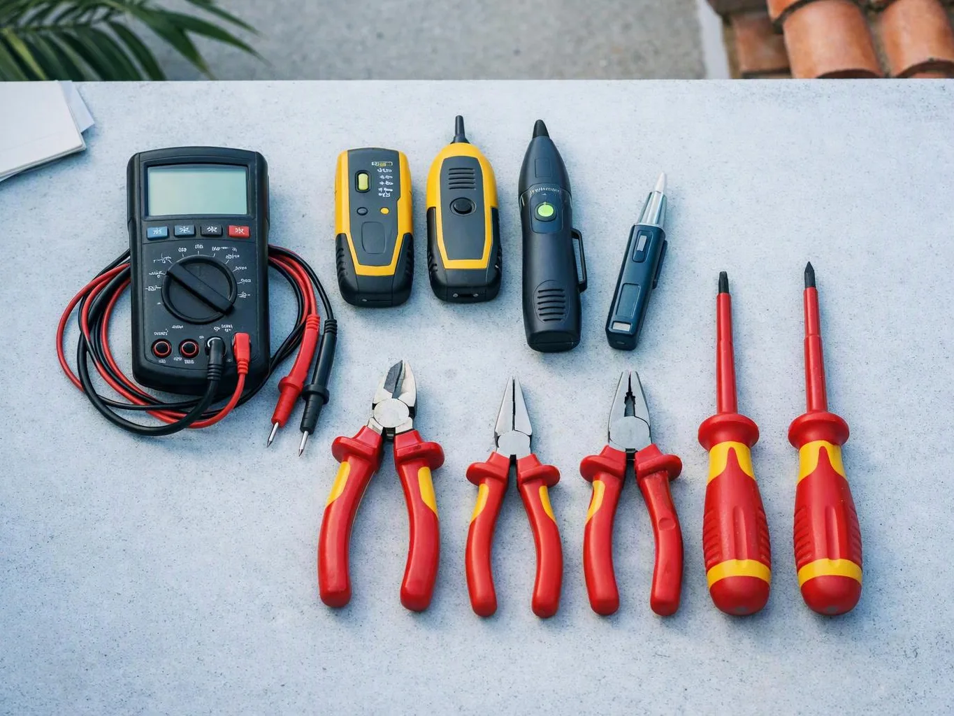 Electrical testing tools and insulated pliers arranged neatly on a light gray work surface