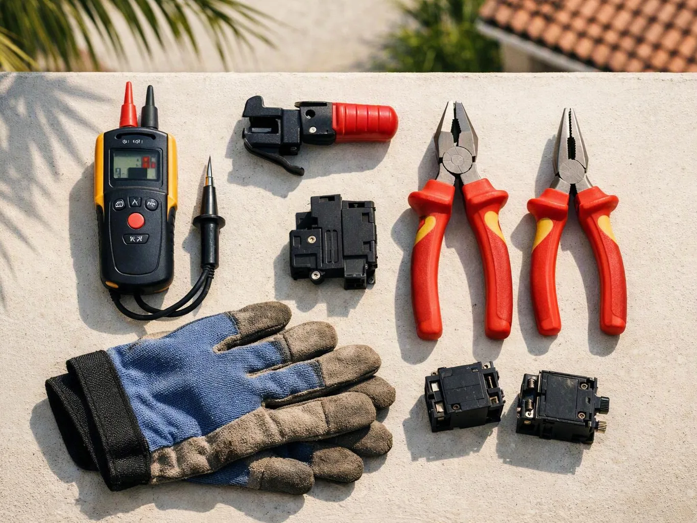 Electrical testing tools, pliers, gloves, and small black components are laid out on a sunlit surface