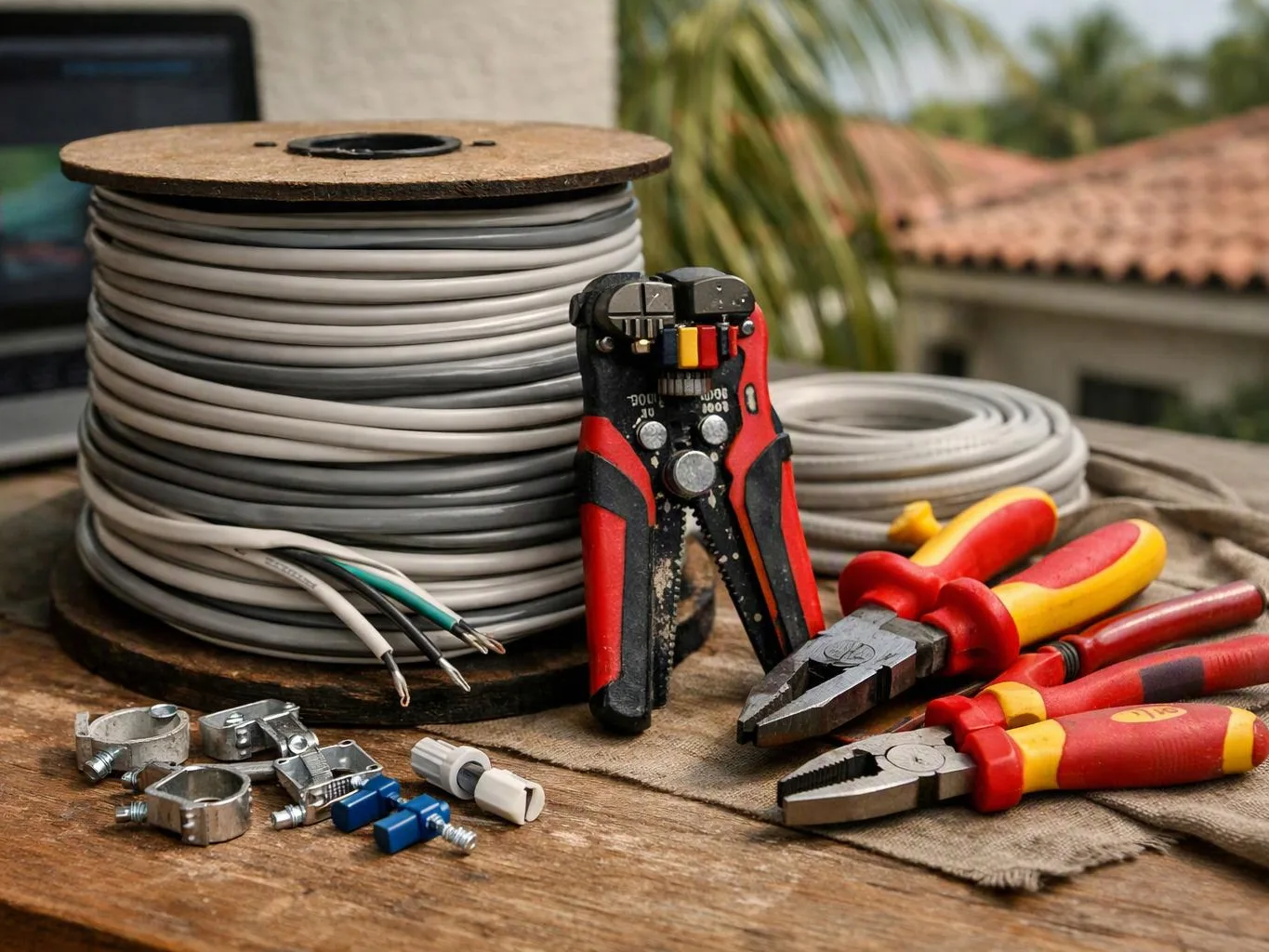 Electrical tools and coiled cables sit on a wooden table outdoors, with a house roof and palm blurred behind them