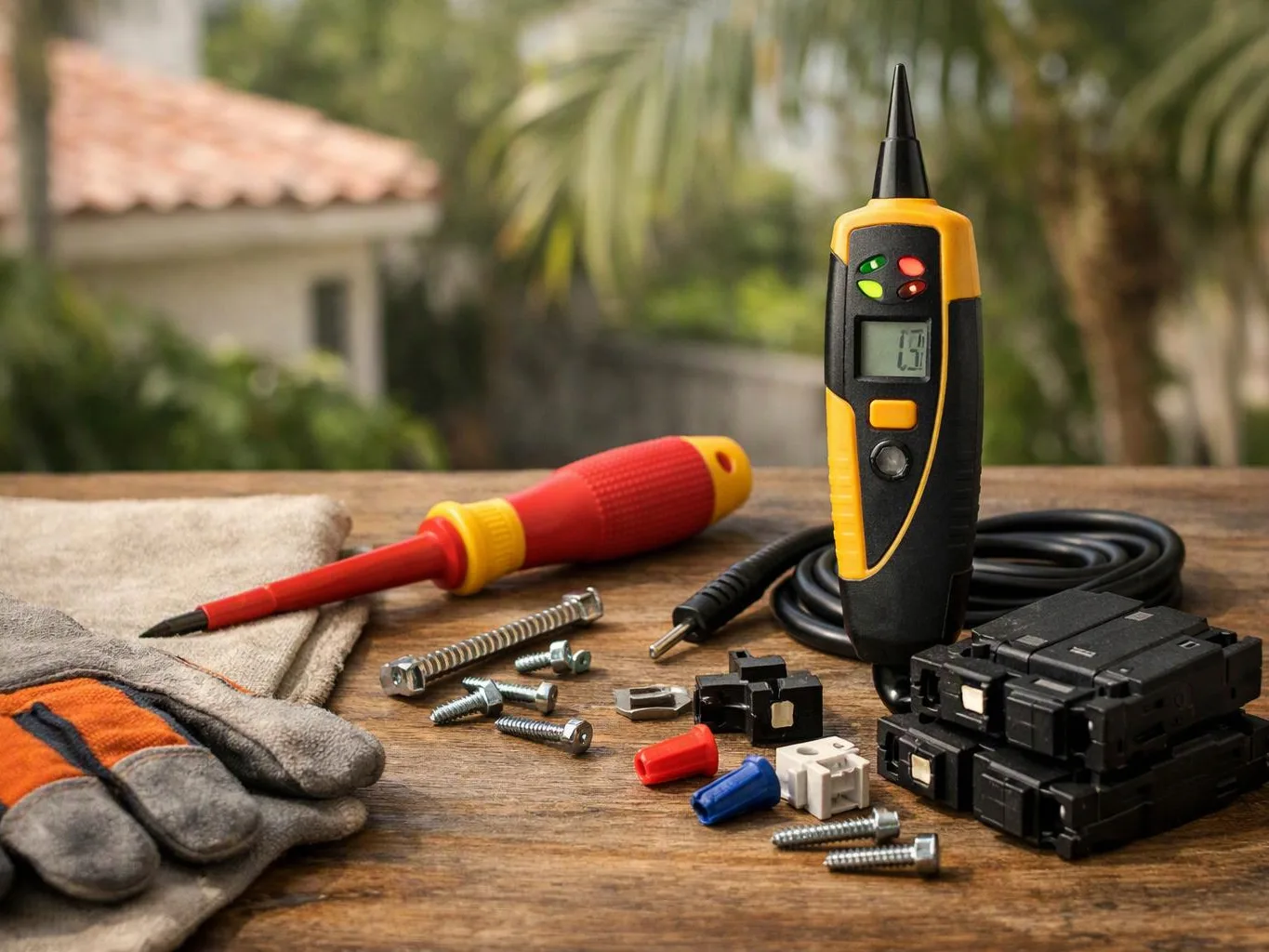 Electrical tools and hardware sit on a wooden table with gloves, screws, wire caps, and breaker switches