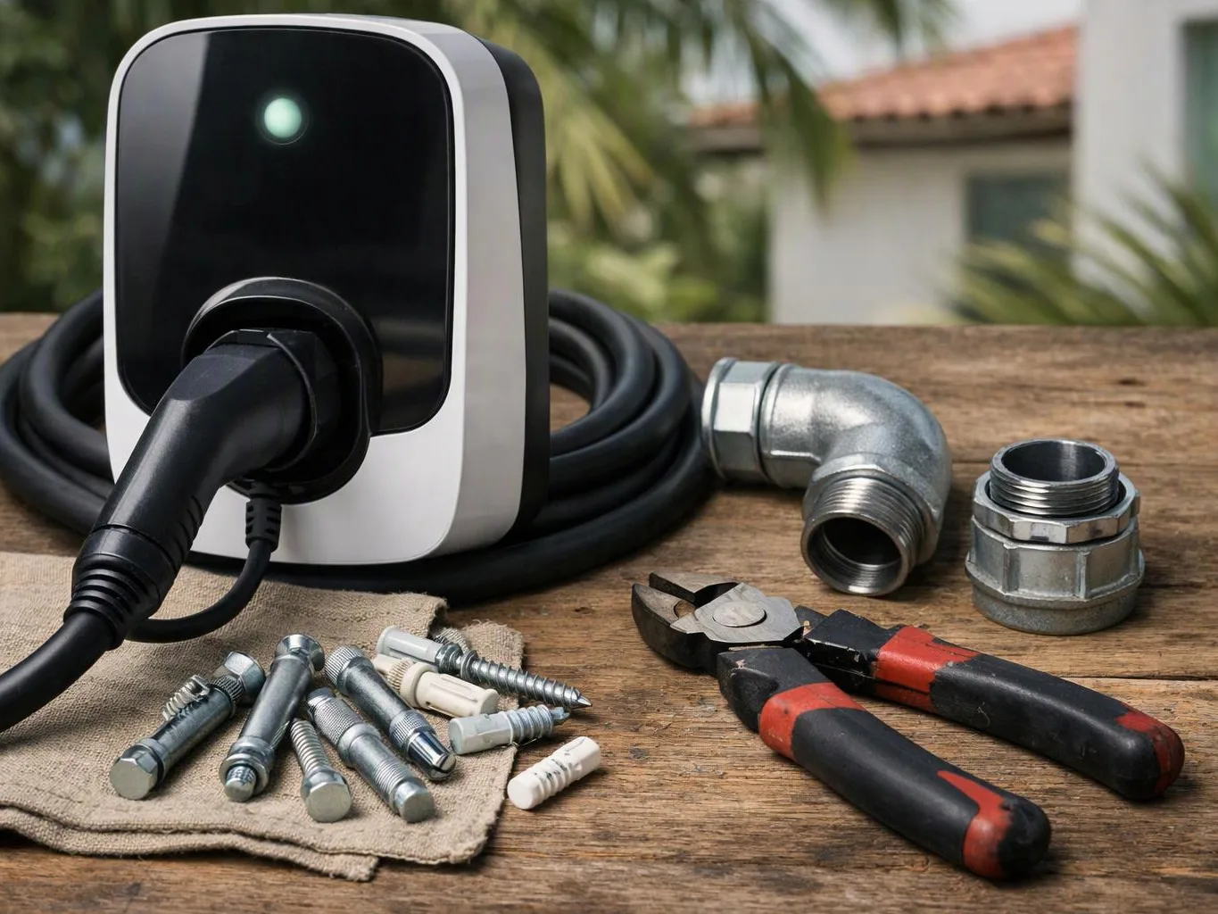 An EV charger sits on a wooden table with cables, bolts, fittings, and pliers beside it