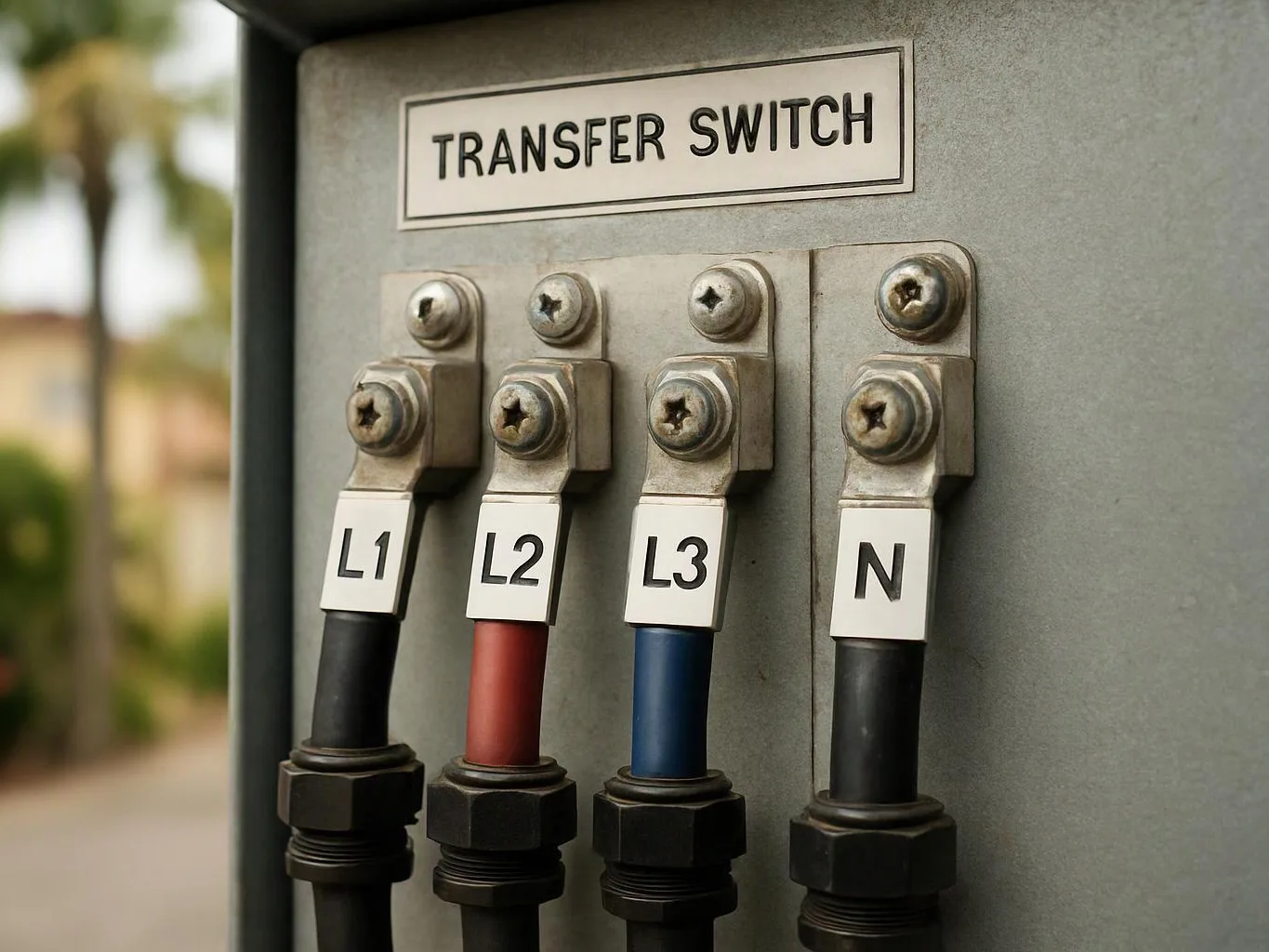 Four labeled electrical cables connect to a metal transfer switch panel outdoors