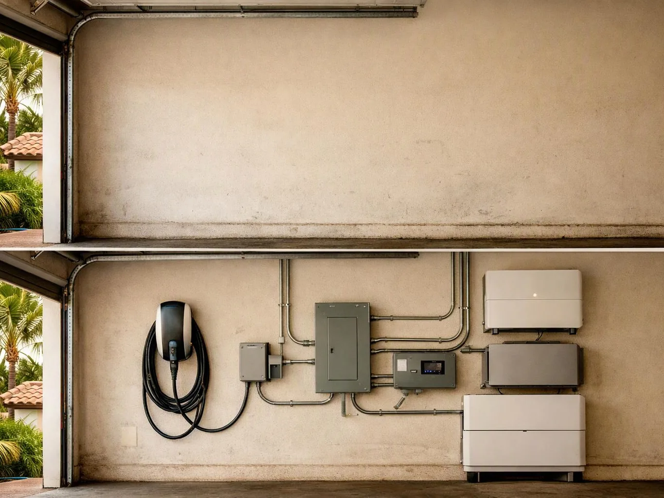 A garage wall is shown empty above and fitted below with electrical panels and a wall-mounted charging unit