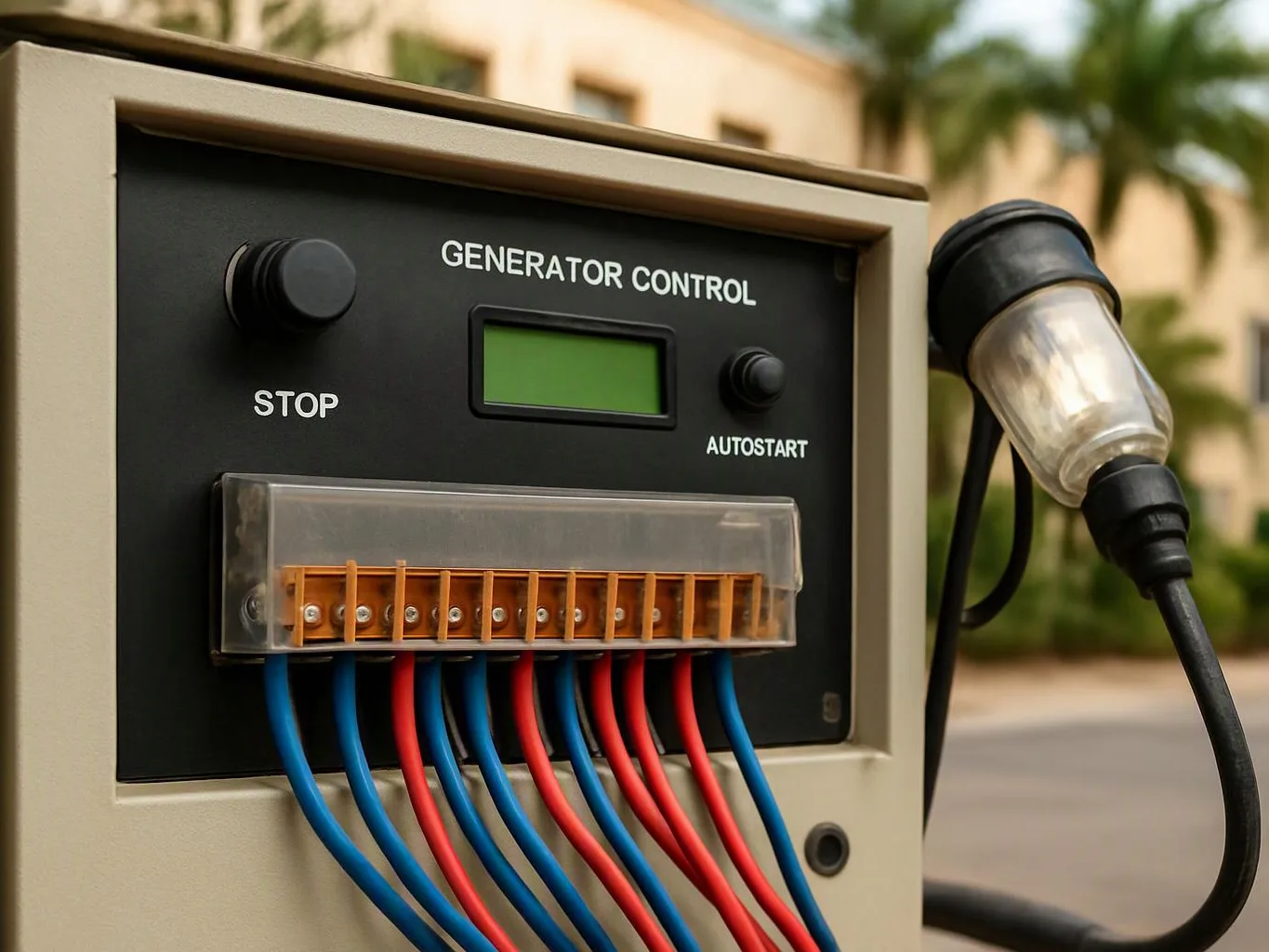 A generator control panel with colored wires and a plug sits outdoors beside a building and palm trees