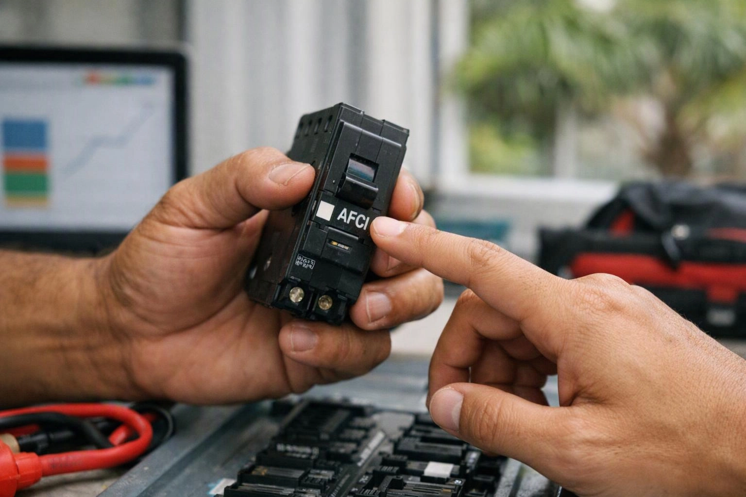 Two hands hold a black circuit breaker while one finger points at its label, with tools and a monitor in the background