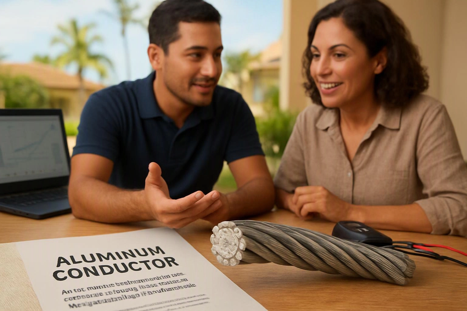 Two people sit at a table reviewing a paper labeled “ALUMINUM CONDUCTOR” beside a bundled metal cable and a laptop