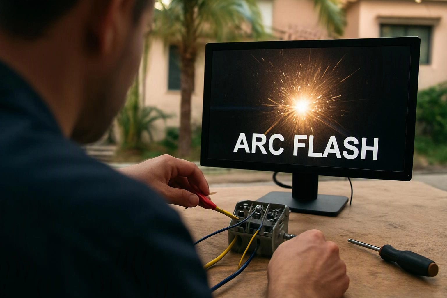 A person works on wired electronics at a table while a monitor shows a bright spark and the words "ARC FLASH"