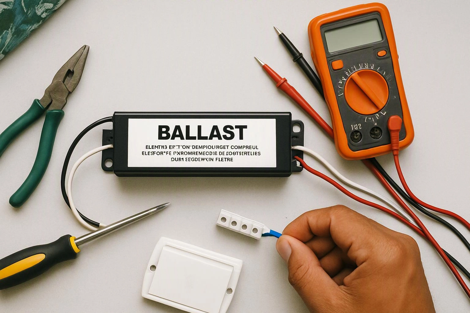 A hand holds a blue wire near a terminal block beside a ballast, tools, and a multimeter on a work surface