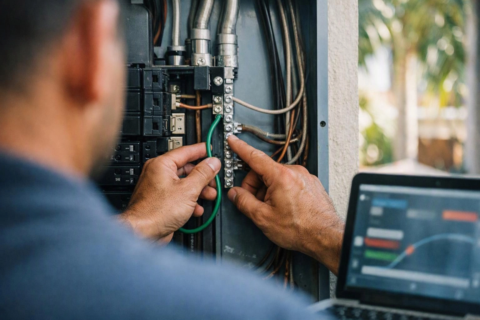 A technician adjusts wiring inside an electrical panel while a laptop sits open nearby