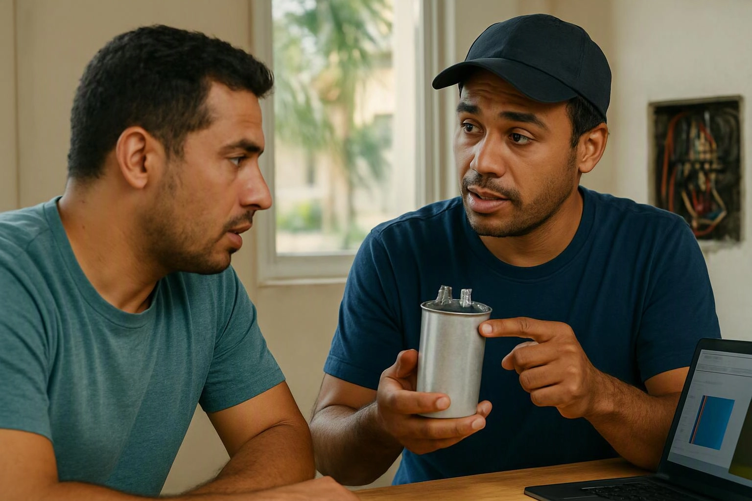 Two men sit at a table, one holding a metal cylinder while explaining it beside an open laptop