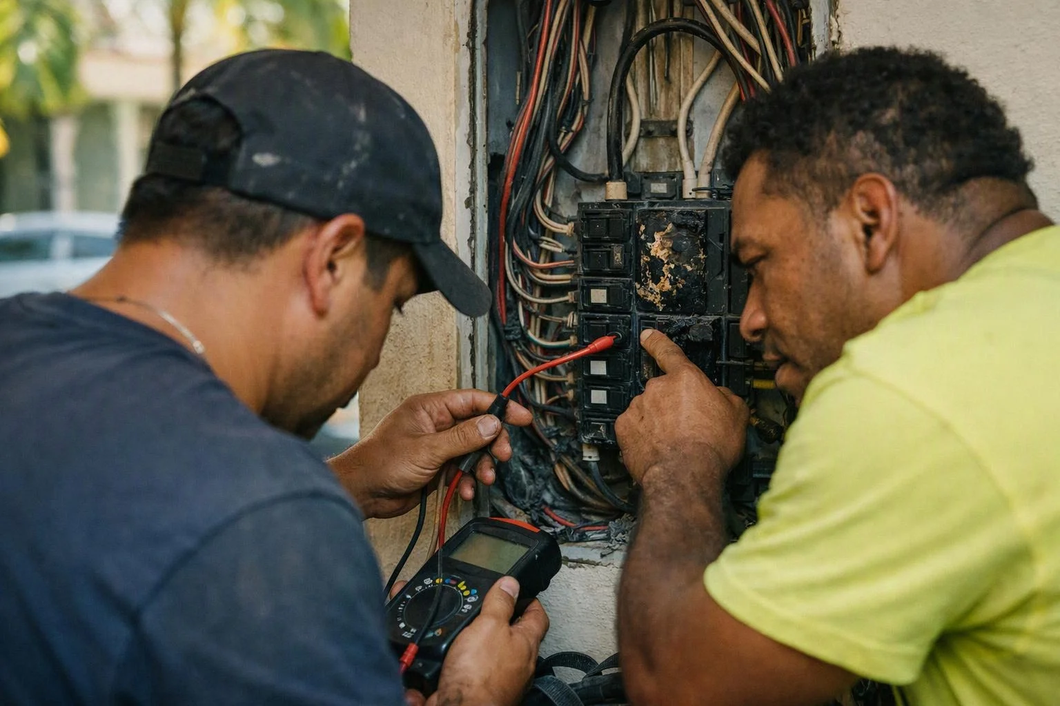 Two men inspect an exposed electrical panel